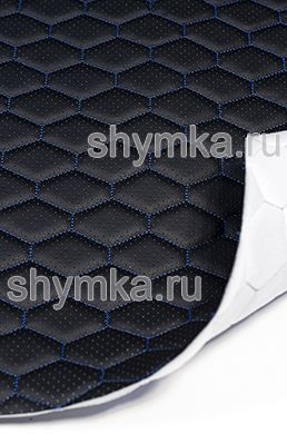 Eco leather Oregon WITH PERFORATION on foam rubber 5mm and spunbond BLACK quilted with BLUE thread HONEYCOMB 1,4m