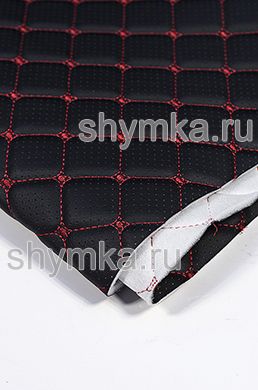 Eco leather Oregon WITH PERFORATION on foam rubber 5mm and spunbond BLACK quilted with RED thread DECORATIVE SQUARE 35x35mm width 1,38m