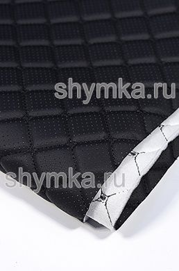 Eco leather Oregon WITH PERFORATION on foam rubber 5mm and spunbond BLACK quilted with BLACK thread DECORATIVE SQUARE 35x35mm width 1,38m