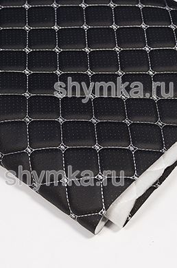 Eco leather Oregon WITH PERFORATION on foam rubber 5mm and spunbond BLACK quilted with WHITE thread DECORATIVE SQUARE 35x35mm width 1,38m