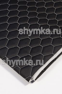 Eco leather Oregon WITH PERFORATION on foam rubber 5mm and spunbond BLACK quilted with WHITE thread HONEYCOMB 1,4m