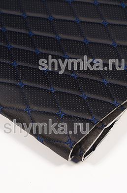 Eco leather Oregon WITH PERFORATION on foam rubber 5mm and black spunbond 60 g/sq.m BLACK quilted with DARK-BLUE №1319 thread RHOMBUS DECORATIVE 45x45mm width 1,38m
