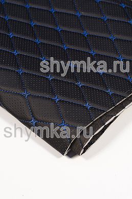 Eco leather Oregon WITH PERFORATION on foam rubber 5mm and black spunbond 60 g/sq.m BLACK quilted with BLUE №1291 thread RHOMBUS DECORATIVE 45x45mm width 1,38m