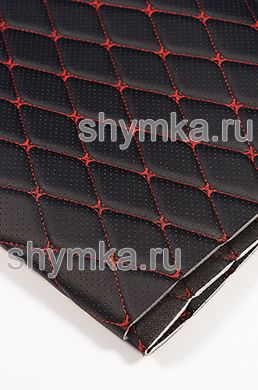 Eco leather Oregon WITH PERFORATION on foam rubber 5mm and black spunbond 60 g/sq.m BLACK quilted with RED №1113 thread RHOMBUS DECORATIVE 45x45mm width 1,38m