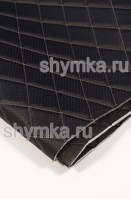 Eco leather Oregon WITH PERFORATION on foam rubber 5mm and black spunbond 60 g/sq.m BLACK quilted with BEIGE №343 thread RHOMBUS 45x45mm width 1,4m