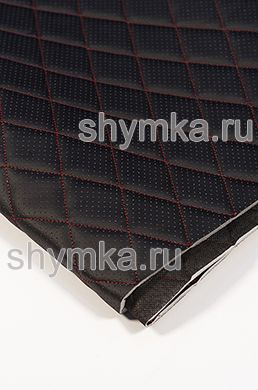 Eco leather Oregon WITH PERFORATION on foam rubber 5mm and black spunbond 60 g/sq.m BLACK quilted with RED №327 thread RHOMBUS 45x45mm width 1,4m