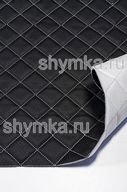 Eco leather Oregon WITH PERFORATION on foam rubber 5mm and spunbond BLACK quilted with WHITE thread SQUARE 35x35mm width 1,4m